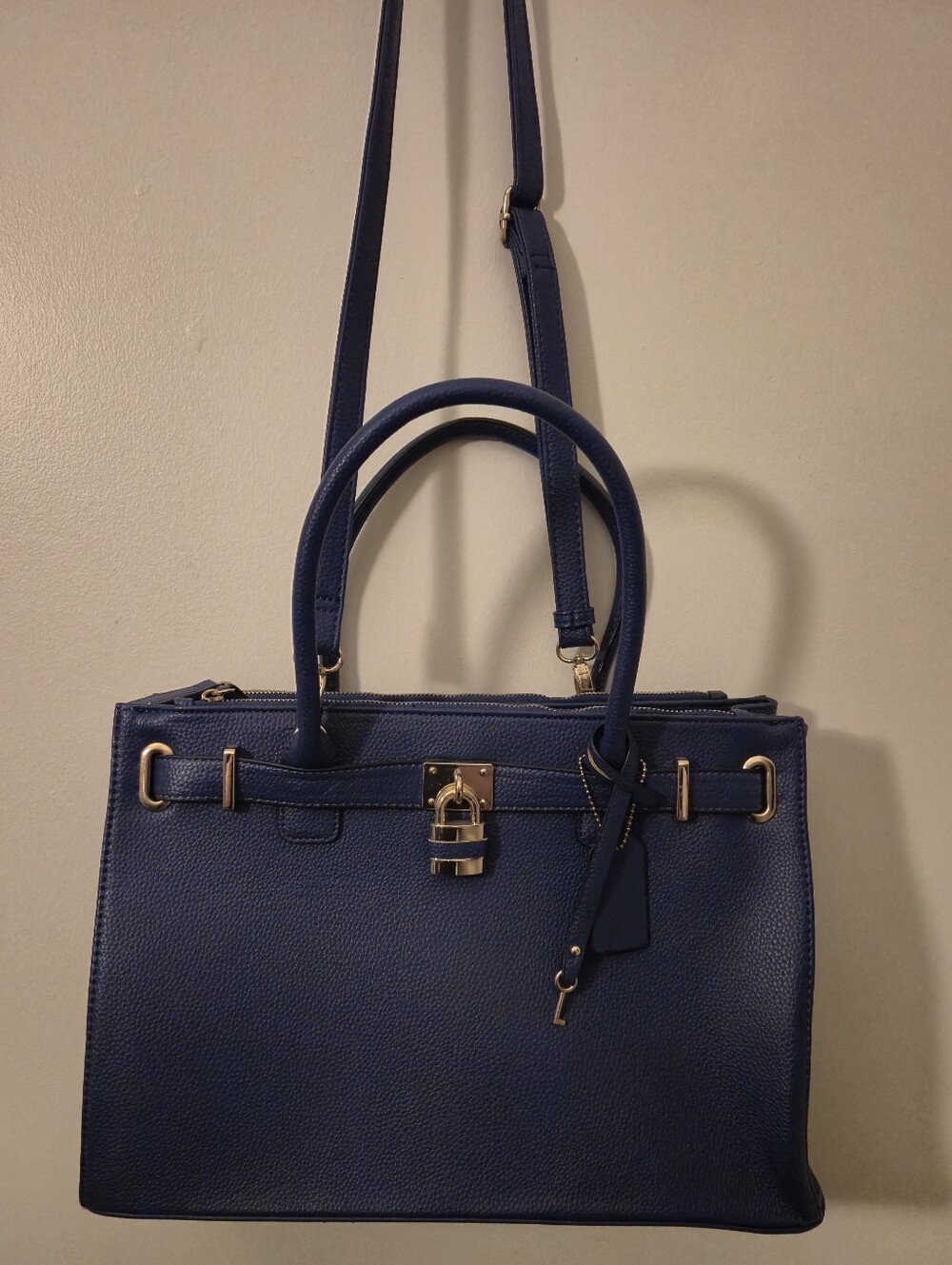 Dasein Designer navy blue vegan leather satchel handbag Laptop gold-tone Padlock